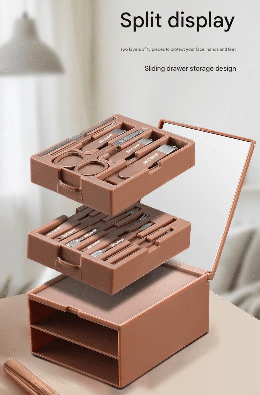 Brown Premium 13 - in - 1 Manicure & Grooming Kit - Professional Carbon Steel Pedicure Set with Dual - Drawer Case & Mirror - RnR Galore