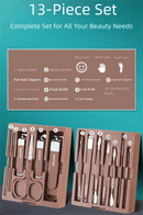 Brown Premium 13 - in - 1 Manicure & Grooming Kit - Professional Carbon Steel Pedicure Set with Dual - Drawer Case & Mirror - RnR Galore