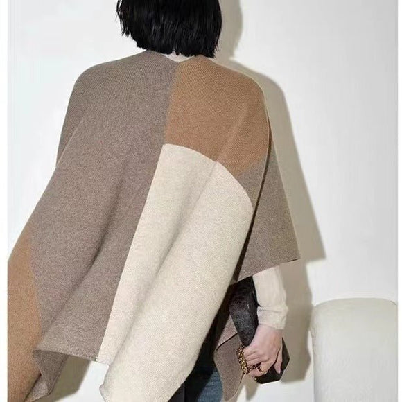 Brown Pure Wool Extra Large Shawl Scarf Color Block Multi - functional Warm Cashmere Cape Poncho - RnR Galore