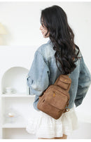 Brown Stylish PU Leather Sling Crossbody Bag for Women - Multi - Pocket Chest Pack with Adjustable Wide Strap - RnR Galore