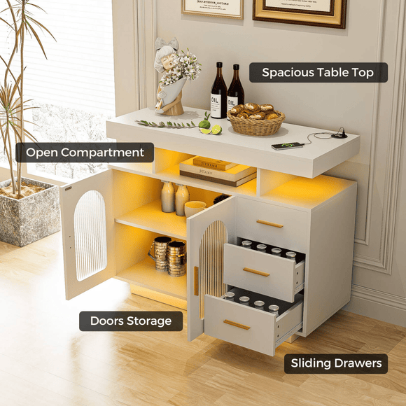 Buffet Sideboard Cabinet With RGB LED Light and Charging Station Console Coffee Bar White - RnR Galore