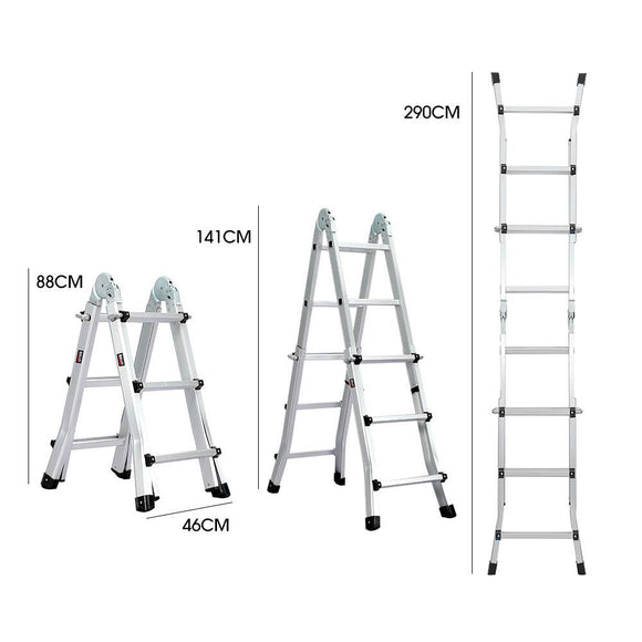 Bullet 2.9m Folding Aluminium Multipurpose Ladder, w/ Workshelf Platform, Spring Assisted Rapid Safety Lock Adjusters - RnR Galore