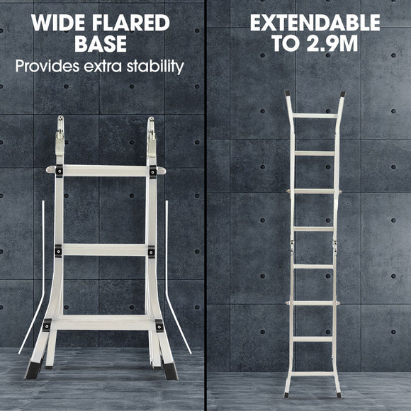 Bullet 2.9m Folding Aluminium Multipurpose Ladder, w/ Workshelf Platform, Spring Assisted Rapid Safety Lock Adjusters - RnR Galore