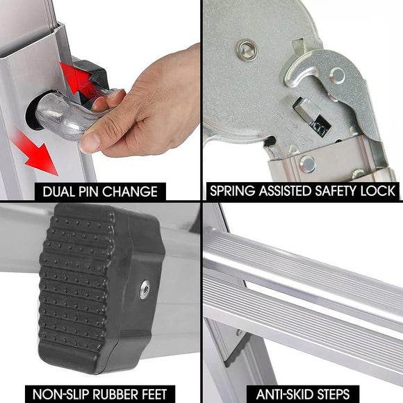 Bullet 4m Folding Aluminium Multipurpose Ladder, w/ Workshelf Platform, Spring Assisted Rapid Safety Lock Adjusters - RnR Galore