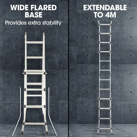Bullet 4m Folding Aluminium Multipurpose Ladder, w/ Workshelf Platform, Spring Assisted Rapid Safety Lock Adjusters - RnR Galore