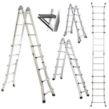 Bullet 5.1m Folding Aluminium Multipurpose Ladder, w/ Workshelf Platform, Spring Assisted Rapid Safety Lock Adjusters - RnR Galore