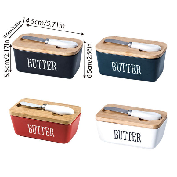 Butter Box with Knife Rectangular Cheese Container with Wooden Lid for Kitchen - Black - RnR Galore