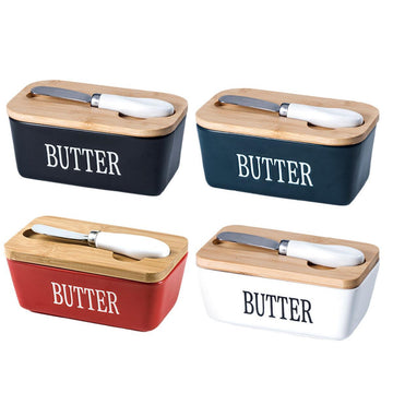 Butter Box with Knife Rectangular Cheese Container with Wooden Lid for Kitchen - Black - RnR Galore