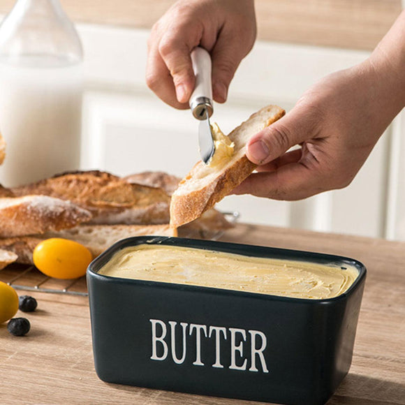 Butter Box with Knife Rectangular Cheese Container with Wooden Lid for Kitchen - Blue - RnR Galore