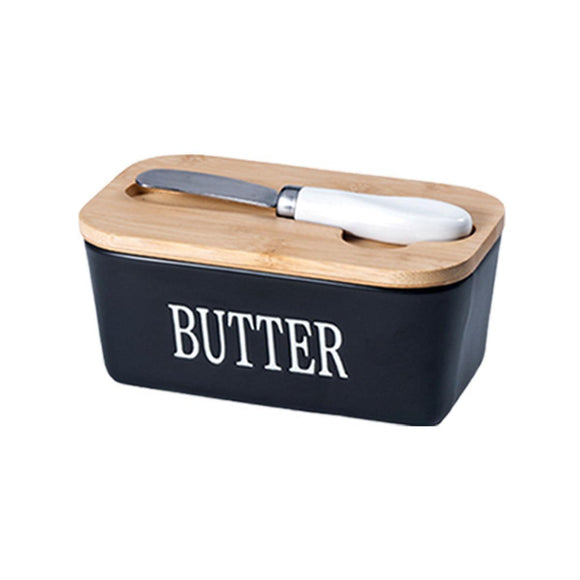 Butter Box with Knife Rectangular Cheese Container with Wooden Lid for Kitchen - Blue - RnR Galore