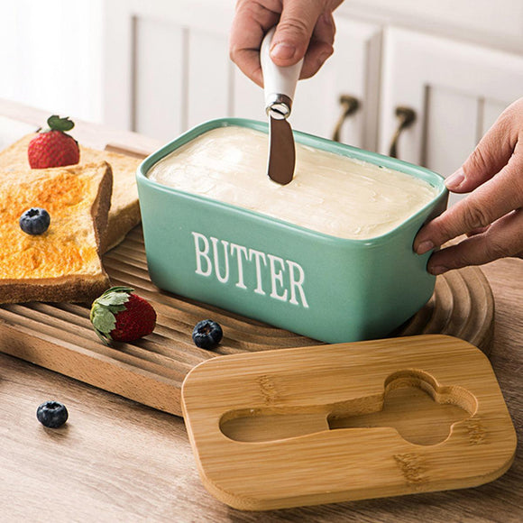 Butter Box with Knife Rectangular Cheese Container with Wooden Lid for Kitchen - Blue - RnR Galore