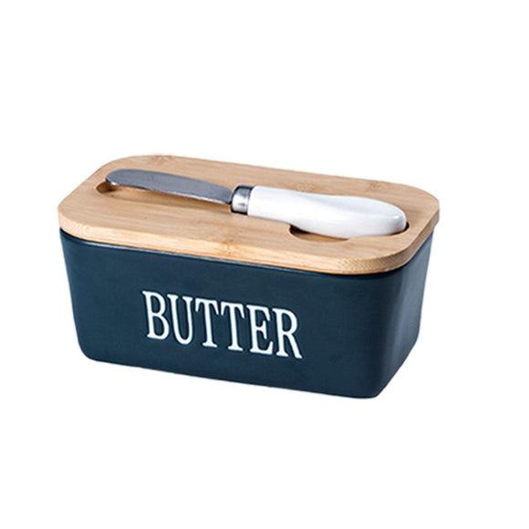Butter Box with Knife Rectangular Cheese Container with Wooden Lid for Kitchen - Blue - RnR Galore
