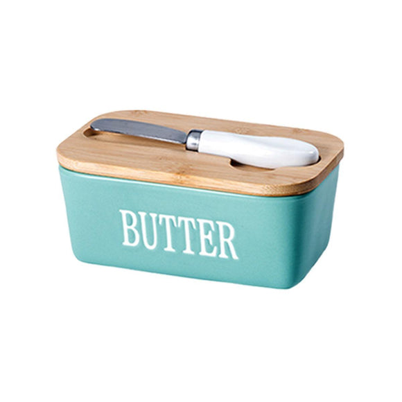 Butter Box with Knife Rectangular Cheese Container with Wooden Lid for Kitchen - Green - RnR Galore