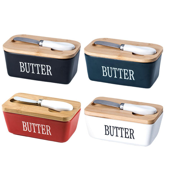 Butter Box with Knife Rectangular Cheese Container with Wooden Lid for Kitchen - Red - RnR Galore