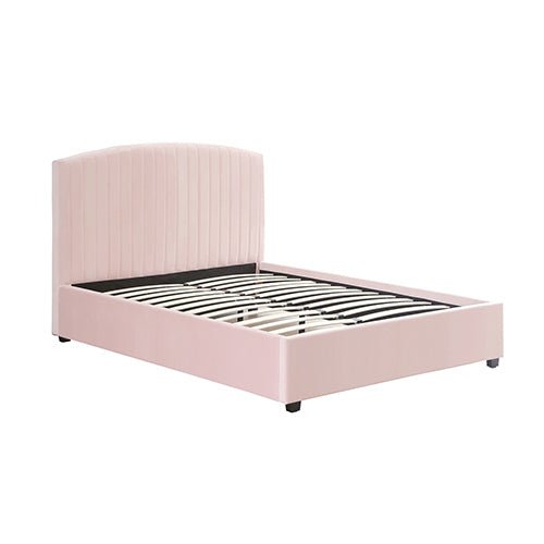Camelia Double Size Bed Frame Pink Velvet Upholstery High Headboard Quality Slats Metal Structure - RnR Galore