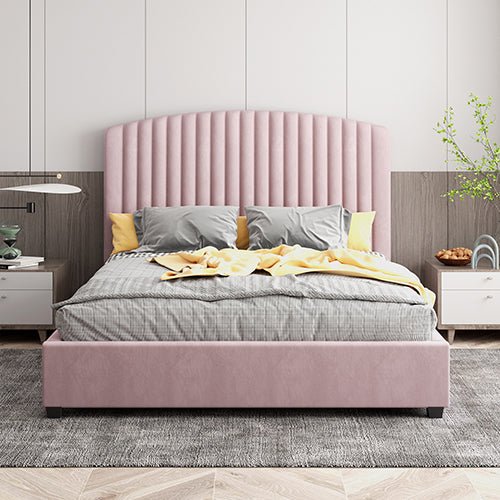 Camelia Double Size Bed Frame Pink Velvet Upholstery High Headboard Quality Slats Metal Structure - RnR Galore