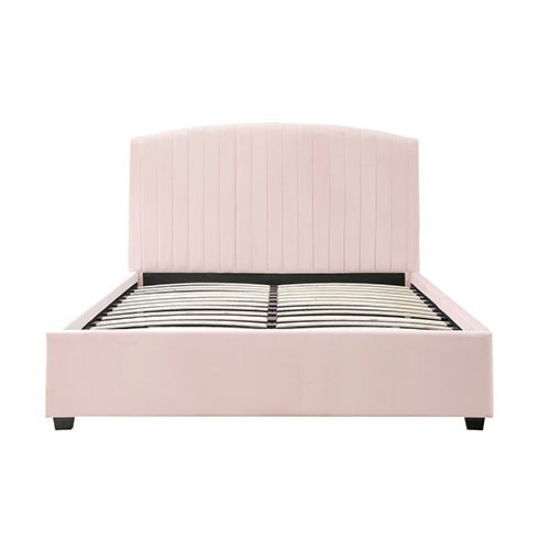 Camelia King Single Size Bed Frame Pink Velvet Upholstery High Headboard Quality Slats Metal Structure - RnR Galore