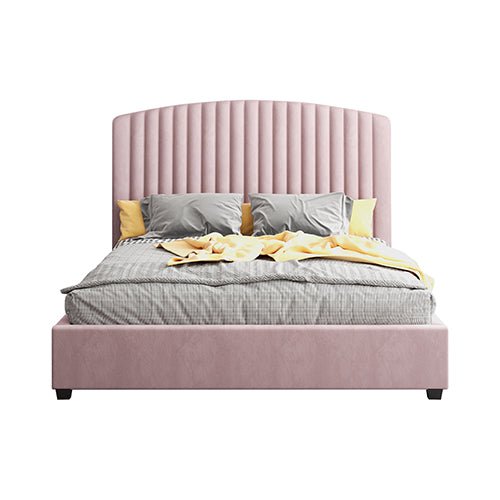 Camelia King Single Size Bed Frame Pink Velvet Upholstery High Headboard Quality Slats Metal Structure - RnR Galore