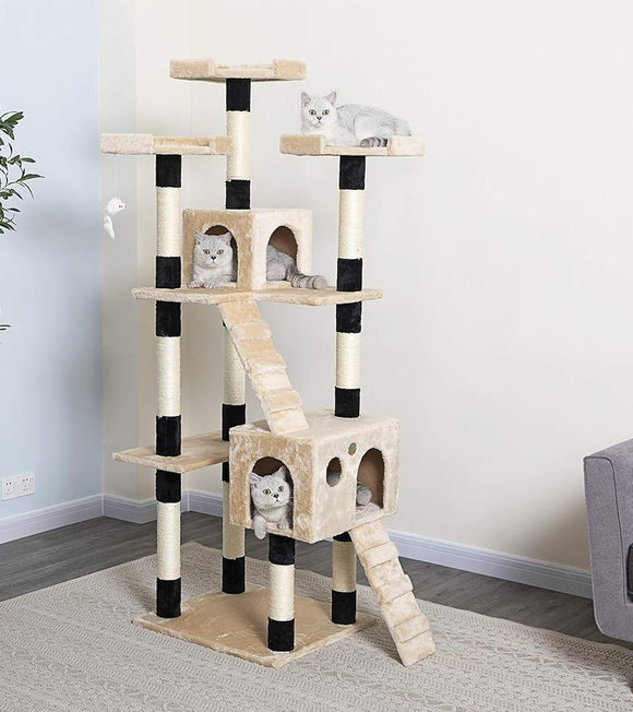 CARLA HOME 180cm Cat Tree Tower for Indoor Cats with Dual Condos, Plush Perches, Sisal Scratching Posts & Ramps for Kittens & Adult Cats (Beige) - RnR Galore