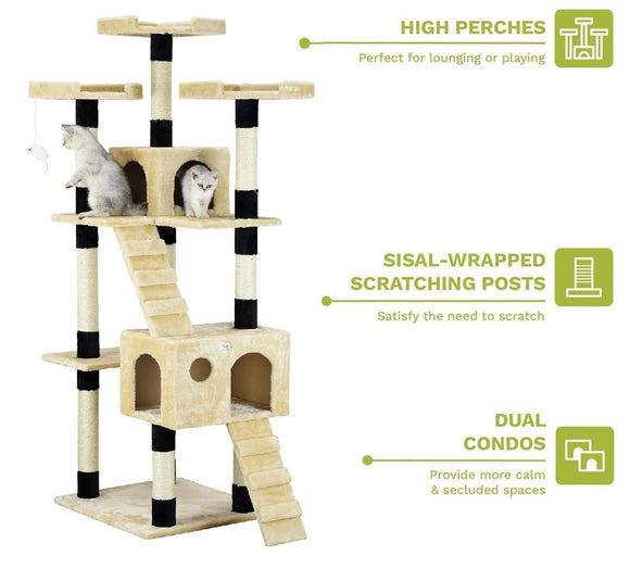 CARLA HOME 180cm Cat Tree Tower for Indoor Cats with Dual Condos, Plush Perches, Sisal Scratching Posts & Ramps for Kittens & Adult Cats (Beige) - RnR Galore