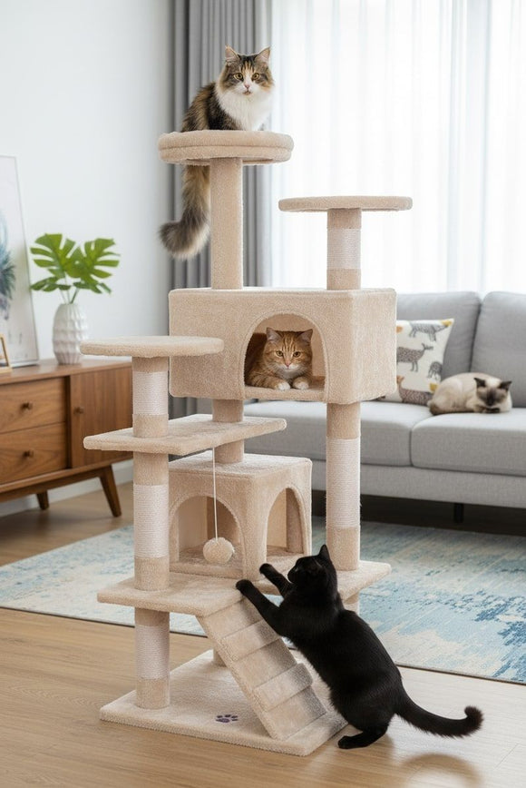CARLA HOME 180cm Cat Tree Tower for Indoor Cats with Plush Perches, Dual Condos, Natural Sisal Scratching Posts & Ramp for Kittens & Adult Cats (Beige) - RnR Galore