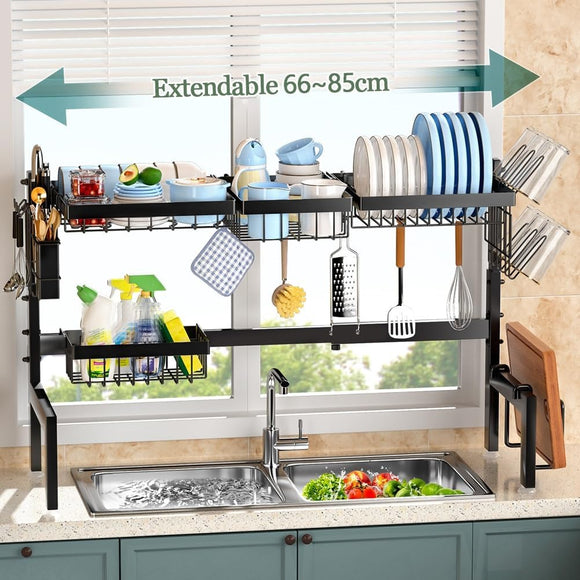 CARLA HOME Adjustable Over the Sink Dish Drying Rack with Utensil Holder, Hooks & Cutting Board Rack for Kitchen Counter Storage - RnR Galore