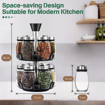 CARLA HOME Rotating Spice Rack Organizer with 16 Glass Jars for Kitchen Seasoning and Herb Storage - RnR Galore
