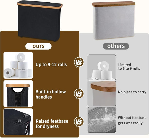 CARLA HOME Toilet Paper Storage Basket Holds Up to 12 Rolls with Bamboo Lid and Handle for RV Closet (Black) - RnR Galore