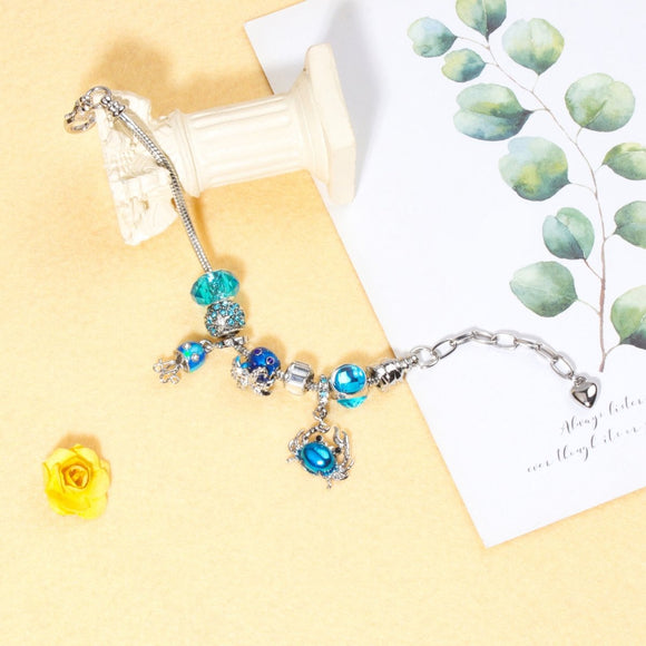 Cartoon Ocean Theme Bracelet with Octopus, Jellyfish, Crab Charms & Crystal Rhinestone Beads(20cm) - RnR Galore
