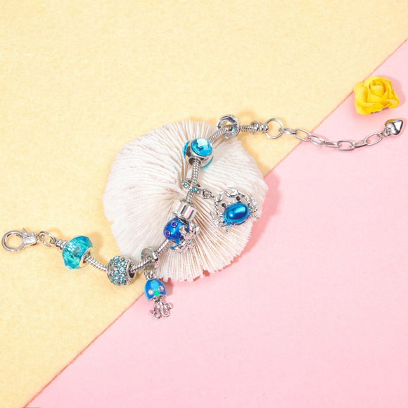 Cartoon Ocean Theme Bracelet with Octopus, Jellyfish, Crab Charms & Crystal Rhinestone Beads(21cm) - RnR Galore