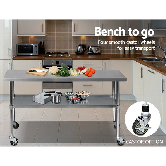 Cefito 430 Stainless Steel Kitchen Benches Work Bench Food Prep Table with Wheels 1829MM x 610MM - RnR Galore