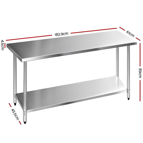 Cefito 610 x 1829mm Commercial Stainless Steel Kitchen Bench - RnR Galore
