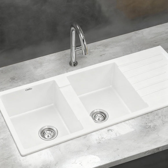 Cefito Kitchen Sink 116x50cm Granite Stone Sink Double Bowl White - RnR Galore