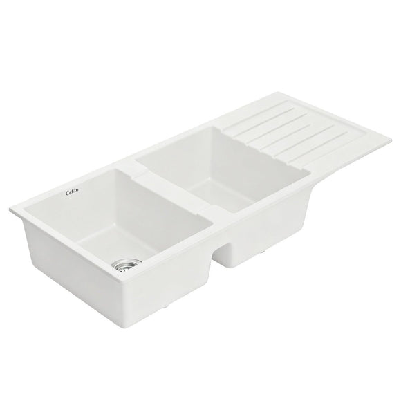 Cefito Kitchen Sink 116x50cm Granite Stone Sink Double Bowl White - RnR Galore