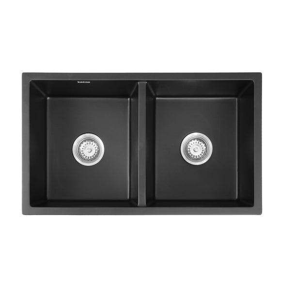Cefito Kitchen Sink 77x45cm Granite Stone Sink Double Bowl Black - RnR Galore