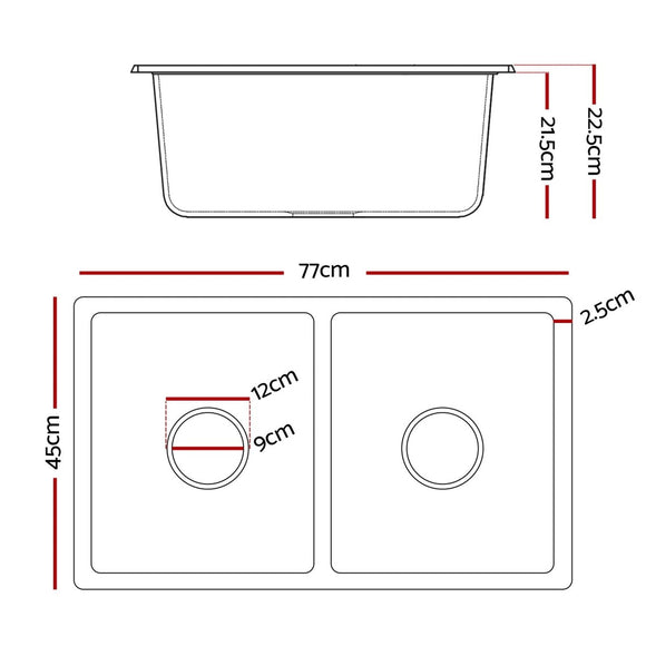 Cefito Kitchen Sink 77x45cm Granite Stone Sink Double Bowl Black - RnR Galore
