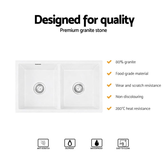 Cefito Kitchen Sink 77x45cm Granite Stone Sink Double Bowl White - RnR Galore