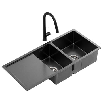 Cefito Stainless Steel Sink 100x45CM With Pull Out Mixer Tap Kitchen Basin Double Bowl Black - RnR Galore