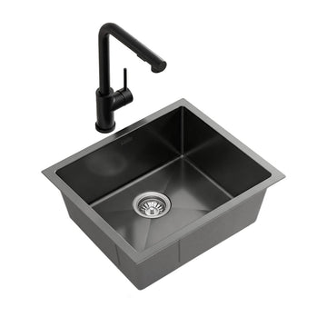 Cefito Stainless Steel Sink 44x44CM With Pull Out Mixer Tap Kitchen Basin Single Bowl Black - RnR Galore