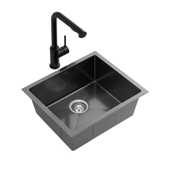 Cefito Stainless Steel Sink 44x44CM With Pull Out Mixer Tap Kitchen Basin Single Bowl Black - RnR Galore