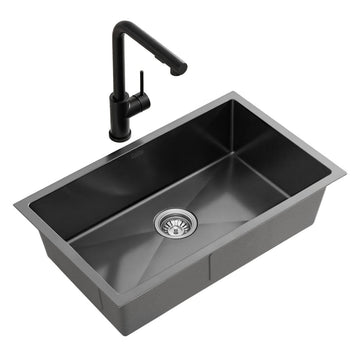 Cefito Stainless Steel Sink 60x45CM With Pull Out Mixer Tap Kitchen Basin Single Bowl Black - RnR Galore