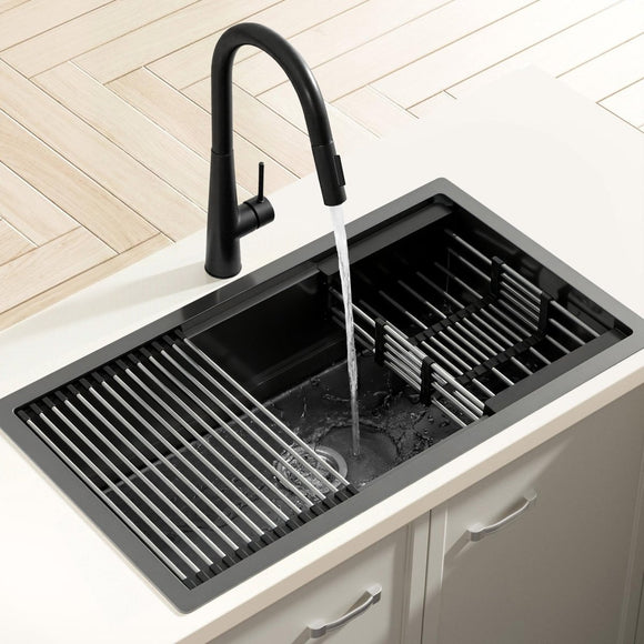 Cefito Stainless Steel Sink 70x45CM With Pull Out Mixer Tap Kitchen Basin Single Bowl Black - RnR Galore