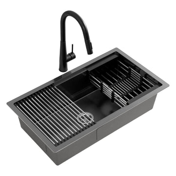 Cefito Stainless Steel Sink 70x45CM With Pull Out Mixer Tap Kitchen Basin Single Bowl Black - RnR Galore