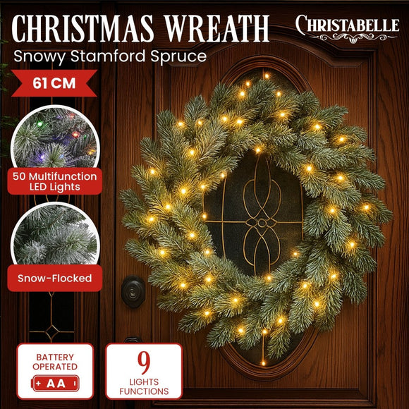 Christabelle 61cm Christmas Wreath Snowy Stamford Spruce with Coloured LED Lights Front Door Decoration Ornament - RnR Galore