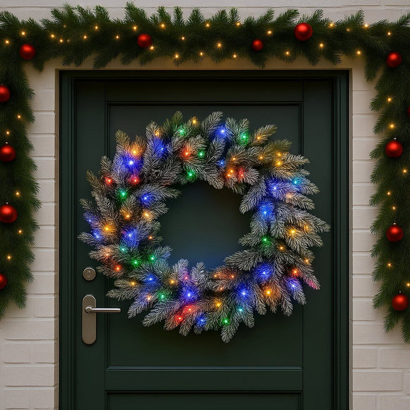 Christabelle 76cm Christmas Wreath Snowy Stamford Spruce with LED Lights Front Door Decoration Ornament - RnR Galore