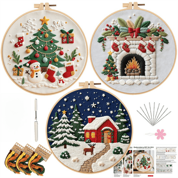 Christmas Embroidery DIY Kit with 20CM Faux Bamboo Hoop - Nordic Style Cross Stitch Material Pack (Style 2) - RnR Galore
