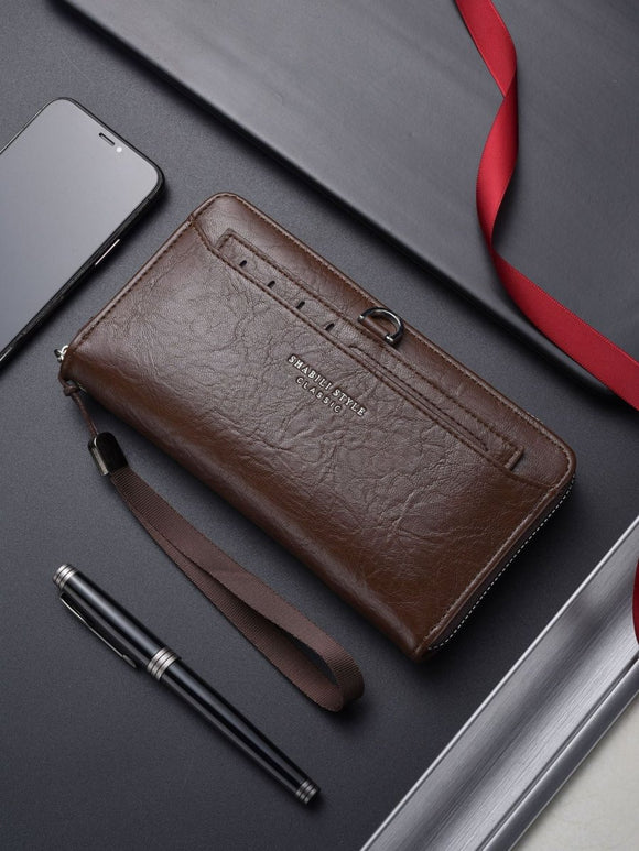 Coffee Classic Long Zipper Wallet Clutch - Large Capacity PU Leather Phone & Card Holder with Wrist Strap - RnR Galore