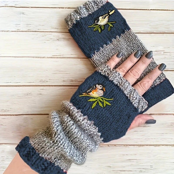 Color - Block Bird Embroidered Fingerless Knit Gloves – Warm, Flexible, Perfect for Daily Autumn/Winter Use, 8.5×22cm Stylish Practical Commute Hand - Warming Essential(black) - RnR Galore