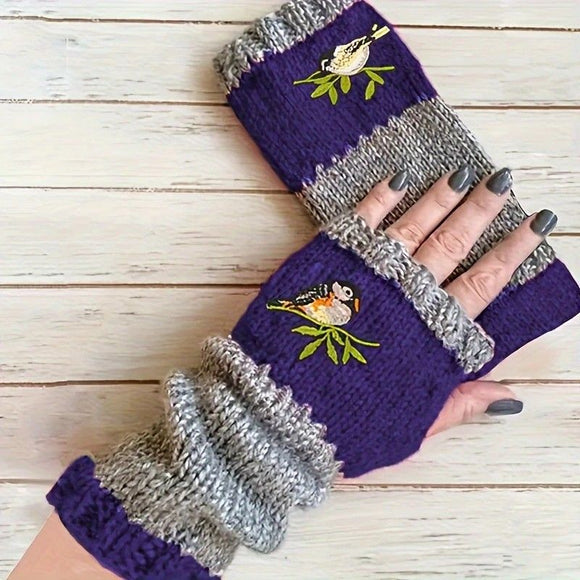 Color - Block Bird Embroidered Fingerless Knit Gloves – Warm, Flexible, Perfect for Daily Autumn/Winter Use, 8.5×22cm Stylish Practical Commute Hand - Warming Essential(black) - RnR Galore