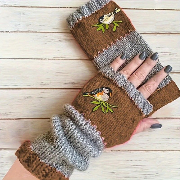 Color - Block Bird Embroidered Fingerless Knit Gloves – Warm, Flexible, Perfect for Daily Autumn/Winter Use, 8.5×22cm Stylish Practical Commute Hand - Warming Essential(black) - RnR Galore